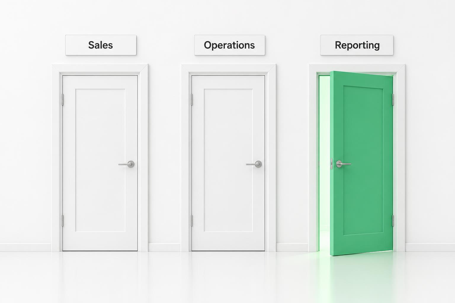 Three doors labeled Sales, Operations, Reporting with one highlighted